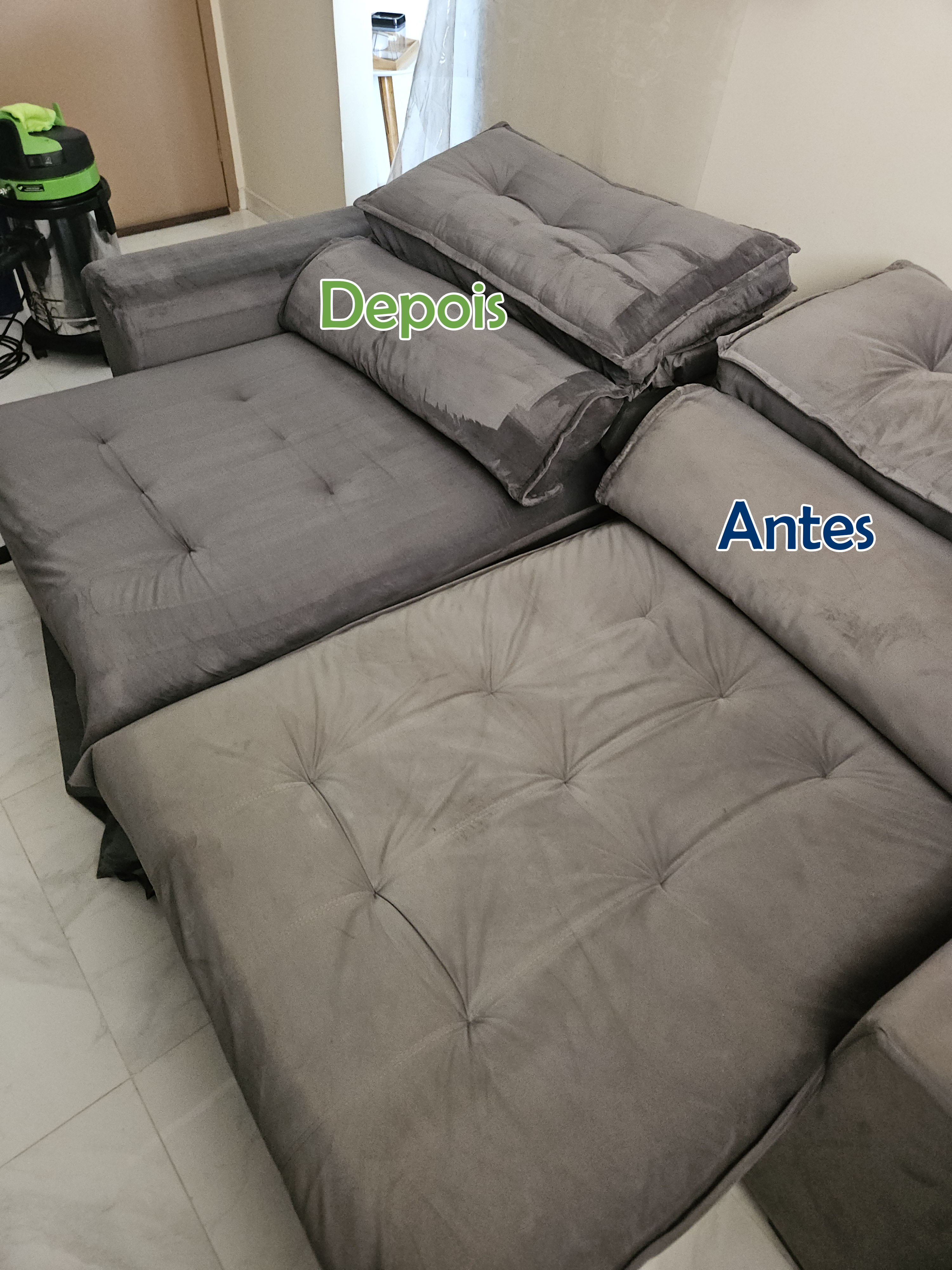 Sofá Retrátil Cinza - Antes e Depois